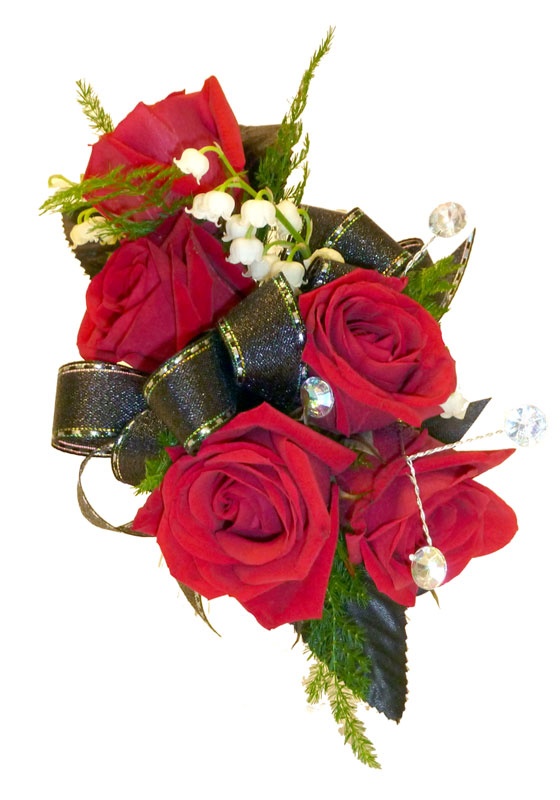 Red petite roses, black trim, and diamond sprays.